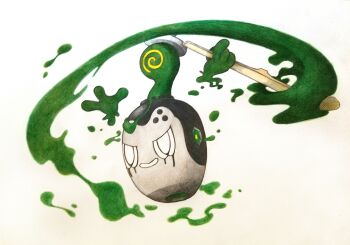 Rule 34 | absurdres, bake monochrome, colored pencil (medium), commentary request, full body, highres, holding, matcha (food), nintendo, no humans, pokemon, pokemon (creature), pokemon focus, poltchageist, simple background, smile, solo, traditional media, white background, white eyes