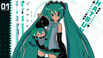 1girl 3d abstract_background absurdres animasa_model_(mikumikudance) aqua_eyes aqua_hair aqua_necktie bare_shoulders black_sleeves blush character_doll detached_sleeves doll english_text grey_shirt hachune_miku hair_between_eyes hair_ornament hand_up hatsune_miku headphones headset highres kio_(majin_kz) long_hair looking_at_viewer mikumikudance_(medium) necktie number_tattoo shirt skirt sleeveless sleeveless_shirt smile solo spring_onion tattoo thighhighs twintails very_long_hair vocaloid waving