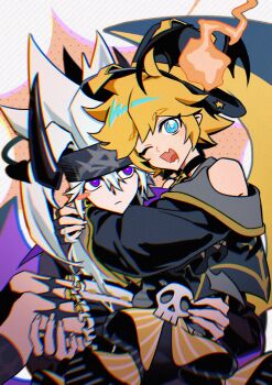 2boys ;d ahoge alternate_costume aotu_world bare_shoulders bishounen black_bow black_choker black_gloves black_horns black_jacket black_nails black_shorts black_socks black_wings blonde_hair blue_eyes blush_stickers bow carrying chinese_commentary choker chromatic_aberration closed_mouth creature demon_boy demon_horns demon_wings earrings fang fingerless_gloves fire frilled_shorts frills gloves grey_(aotu_world) hair_between_eyes halloween halloween_costume headband highres horns hug jacket jewelry king_(aotu_world) long_sleeves looking_at_another looking_at_viewer male_focus multiple_boys off_shoulder one_eye_closed open_mouth pendant_choker pointy_ears princess_carry purple_eyes purple_wings qige shirt short_hair shorts skull smile socks thigh_strap white_hair wings yaoi yellow_bow yellow_wings