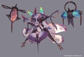 1girl belly breasts character_request colored_skin covered_erect_nipples disgaea disgaea_6 gluteal_fold green_eyes grey_background headgear highres monster_girl open_mouth plump purple_hair purple_skin sharp_teeth shell shiny_skin simple_background small_breasts smile so-taro solo spread_legs teeth tentacles tera_star video_game