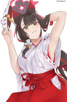 1girl alternate_costume animal_ear_fluff animal_ears armpits arms_up artist_name bell blue_archive commentary_request eyeshadow fox_ears fox_girl fox_mask hair_bell hair_ornament hakama hakama_skirt halo highres holding holding_mask japanese_clothes kimono looking_at_viewer makeup mask miichi miko red_eyeshadow red_hakama red_halo ribbon-trimmed_sleeves ribbon_trim skirt smile solo wakamo_(blue_archive) white_background white_kimono wide_sleeves yellow_eyes