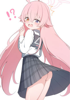 !? 1girl absurdres ahoge blue_archive blue_eyes blush clothes_lift female_focus hair_between_eyes halo heterochromia highres hoshino_(blue_archive) loli long_hair natukuzira no_panties open_mouth pink_hair pink_halo shirt skirt skirt_lift solo standing very_long_hair white_background white_shirt yellow_eyes