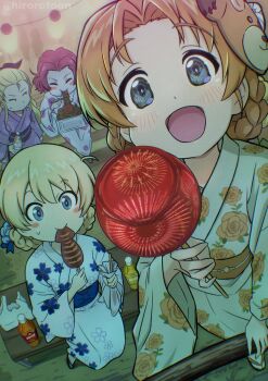 4girls alternate_costume assam_(girls_und_panzer) bag blonde_hair blue_eyes blush boko_(girls_und_panzer) bottle braid candy_apple chopsticks closed_eyes darjeeling_(girls_und_panzer) eating ehirorotoon floral_print food girls_und_panzer happy highres holding holding_candy_apple holding_food japanese_clothes kimono long_hair looking_at_viewer mask multiple_girls night open_mouth orange_hair orange_pekoe_(girls_und_panzer) outdoors red_hair rosehip_(girls_und_panzer) sandals short_hair sitting standing sweat twin_braids twitter_username yukata