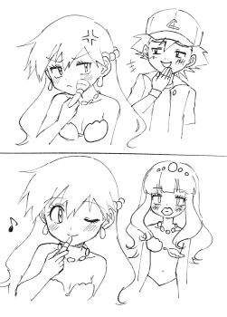 +++ 1boy 1girl alternate_hairstyle anger_vein angry annoyed applying_makeup ash_ketchum bare_shoulders baseball_cap bikini blunt_bangs blush breasts cleavage closed_mouth comic cosmetics earrings eighth_note gloves hair_between_eyes hair_down hair_ornament hat holding holding_lipstick_tube jacket jealous jewelry laughing lipstick lipstick_tube long_hair looking_at_another looking_at_viewer makeup makeup_brush mermaid mermaid_misty_(pokemon) misty_(pokemon) monster_girl multiple_girls musical_note navel necklace nintendo ojou-sama_pose one_eye_closed open_clothes open_jacket open_mouth pokemon pokemon_(anime) pokemon_(classic_anime) shell shell_bikini short_hair silent_comic simple_background small_breasts smile smug spiked_hair swimsuit upper_body v-shaped_eyebrows wavy_hair white_background