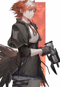 Rule 34 | 1girl, absurdres, arknights, bird tail, black gloves, black jacket, black skirt, breasts, casing ejection, collared shirt, commentary, cowboy shot, dress shirt, expressionless, feather hair, fiammetta (arknights), frilled skirt, frills, from side, g xio111, gloves, gun, hair between eyes, handgun, high-waist skirt, highres, holding, holding gun, holding weapon, jacket, looking ahead, medium breasts, miniskirt, necktie, open clothes, open jacket, radio, red eyes, red hair, red necktie, shell casing, shirt, short hair, short necktie, skirt, solo, tail, thigh strap, three-quarter sleeves, weapon, white background, white shirt