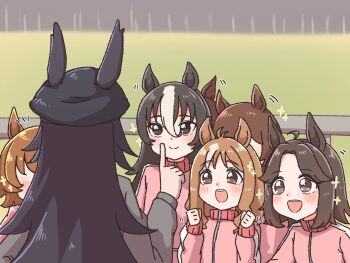 Rule 34 | 6+girls, animal ears, black hair, brown hair, commentary request, ears through headwear, echieichi, fenomeno (umamusume), gym uniform, hat, highres, horse ears, horse girl, long hair, long sleeves, looking at another, multicolored hair, multiple girls, open mouth, peaked cap, photo-referenced, smile, umamusume, white hair