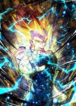 Rule 34 | 1boy, aiming, aiming at viewer, aura, bare shoulders, blonde hair, blood, blood on face, commentary request, cowboy shot, dragon ball, dragonball z, electricity, facial mark, forehead mark, gloves, highres, majin vegeta, male focus, muscular, muscular male, neophyte illust, solo, spiked hair, super saiyan, super saiyan 2, vegeta, veins, white gloves
