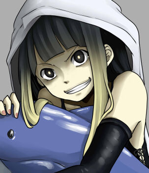 1girl bare_shoulders black_eyes black_hair black_sleeves black_tank_top blonde_hair blunt_bangs bright_pupils coat coat_on_head collarbone commentary cross-laced_clothes cross-laced_top detached_sleeves evil_grin evil_smile grey_background grin highres holding holding_stuffed_toy kuroyoru_umidori lace-up lace-up_top long_sidelocks looking_at_viewer multicolored_hair negiko123123 sidelocks simple_background smile solo stuffed_animal stuffed_dolphin stuffed_toy tank_top teeth toaru_majutsu_no_index toaru_majutsu_no_index:_new_testament two-tone_hair upper_body v-shaped_eyebrows white_coat white_pupils