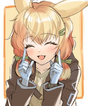 Rule 34 | 1girl, :3, :d, ^ ^, animal ears, arknights, black jacket, blonde hair, bow, closed eyes, commentary request, facing viewer, fingers to cheeks, gloves, green bow, hair bow, hair ornament, hairclip, highres, index fingers raised, jacket, kemurikemu, kroos (arknights), long hair, long sleeves, open mouth, rabbit ears, rabbit girl, smile, solo, upper body, white gloves