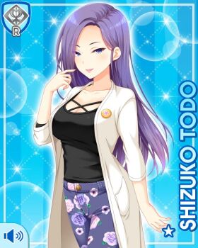 1girl alternate_costume black_shirt blue_background breasts button card character_name cleavage closed_mouth cup female_focus girlfriend_(kari) hand_on_chin jacket long_hair looking_at_viewer matching_hair/eyes official_art pants purple_eyes purple_hair purple_pants qp:flapper shirt smile solo standing tagme teacher todo_shizuko white_jacket