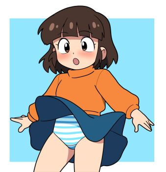 1girl blue_background blue_skirt blush brown_eyes brown_hair crotch_seam loli long_sleeves looking_down open_mouth orange_shirt original panties shirt short_hair skirt standing striped_clothes striped_panties surprised underwear white_panties wind wind_lift yume_yoroi