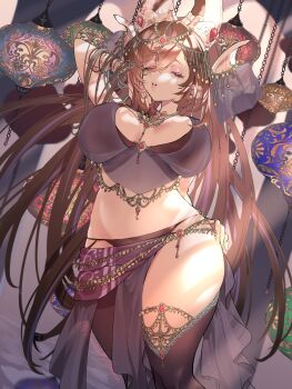 1girl animal_ear_fluff animal_ears arumu asymmetrical_legwear belly_chain bikini black_bikini black_thighhighs bracelet breasts breasts_apart brown_hair chain chain_bracelet closed_eyes commentary_request contrapposto cowboy_shot curled_horns curvy dancer extra_ears eyeshadow galleon_(granblue_fantasy) gold_bracelet gold_chain gold_necklace granblue_fantasy groin hand_in_own_hair hand_on_own_hip hand_up harem_outfit head_chain highres horns jewelry large_breasts layered_bikini lipstick long_hair long_pointy_ears makeup midriff multicolored_hair necklace pink_lips pointy_ears purple_eyeshadow purple_sarong purple_streaks purple_veil sarong see-through_clothes see-through_sarong see-through_veil solo streaked_hair swimsuit thick_thighs thighhighs thighs tucking_hair veil very_long_hair