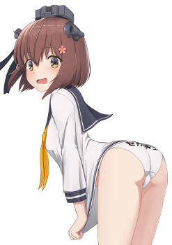 1girl ass blue_sailor_collar borrowed_character brown_eyes brown_hair clothes_writing commentary_request cosplay dress embarrassed good_ass_day highres kantai_collection leaning_forward neckerchief open_mouth panties round_teeth sailor_collar sailor_dress self_cosplay short_dress short_hair simple_background solo teeth underwear upper_teeth_only wavy_mouth white_background white_dress white_panties yellow_neckerchief yuki_4040 yukikaze_(kancolle) yukikaze_(kancolle)_(cosplay) yukikaze_kai_ni_(kancolle)