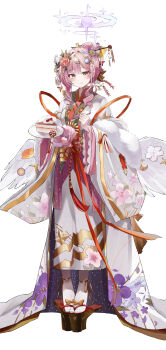 1girl absurdres angel_wings blue_archive blush cake cake_slice chinese_commentary closed_mouth commentary commentary_request feathered_wings floral_print floral_print_kimono food full_body gold_trim hair_ornament hairpin halo highres holding holding_spoon incredibly_absurdres japanese_clothes jsscj kimono looking_at_viewer low_wings mika_(blue_archive) pink_hair pink_halo plate print_kimono simple_background smile socks solo spoon strawberry_cake white_background white_kimono white_socks white_wings wings yellow_eyes