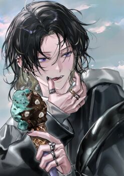 1boy black_hair black_jacket black_nails blonde_hair blush cloud cloudy_sky colored_inner_hair daenarys day ear_piercing earrings eating eyelashes fang fingernails food food_on_face grey_hoodie hair_between_eyes highres holding holding_food holding_ice_cream_cone hood hood_down hoodie ice_cream ice_cream_cone jacket jewelry licking_lips long_sleeves looking_to_the_side male_focus medium_hair multicolored_hair multiple_rings nail_polish open_mouth original outdoors parted_bangs piercing purple_eyes ring short_hair sky smile soft_serve solo teeth tongue tongue_out two-tone_hair upper_body wiping_face