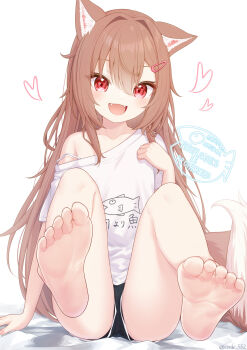 1girl animal_ear_fluff animal_ears barefoot black_shorts brown_hair commentary fangs feet hair_ornament highres long_hair looking_at_viewer original rade_(rade_552) red_eyes shirt short_shorts shorts soles solo tail toes untranslatable_commentary watermark white_shirt wolf_ears wolf_girl wolf_tail