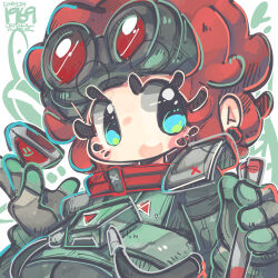 Rule 34 | 1girl, absurdres, animification, apex legends, black gloves, blue eyes, blush, breasts, dated, eyelashes, gloves, goggles, goggles on head, hair behind ear, highres, horizon (apex legends), jrpencil, medium breasts, open mouth, red hair, short hair, smile, solo, spacesuit