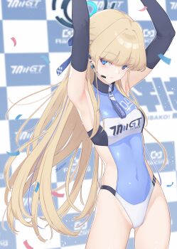 1girl alternate_costume armpits arms_up black_gloves blonde_hair blue_archive blue_eyes blue_halo breasts closed_mouth commentary_request covered_navel dan_(kumadan) elbow_gloves gloves halo headset highleg highres long_hair medium_breasts race_queen solo standing thighs toki_(blue_archive) very_long_hair