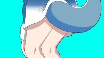 1girl :d alice_lewis animated animated_gif ass_shake bent_over blue_background blue_eyes blue_hair blue_hoodie commentary dancing derivative_work english_commentary fins fish_tail gawr_gura hands_on_own_knees hololive hololive_english hood hoodie kneepits long_sleeves looking_at_viewer medium_hair mikakunin_de_shinkoukei multicolored_hair open_mouth shark_tail sharp_teeth silver_hair simple_background sleeves_past_wrists smile solo streaked_hair tail tail_wagging teeth thighs two_side_up upside-down virtual_youtuber wide_sleeves