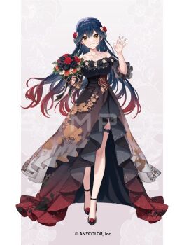 1girl ankle_strap bare_shoulders black_dress black_flower black_ribbon black_rose black_shoes blue_hair border bouquet breasts collarbone colored_tips copyright_notice daisy_(flower) dress fingernails floral_print flower flower_ornament flower_trim footwear_flower frilled_dress frilled_sleeves frills full_body gown gradient_clothes gradient_dress grey_background grin hair_between_eyes hair_flower hair_ornament holding holding_bouquet large_breasts layered_dress long_dress long_hair looking_at_viewer michi_(iawei) multicolored_hair nijisanji off-shoulder_dress off_shoulder official_art outside_border pillarboxed pink_nails puffy_short_sleeves puffy_sleeves red_dress red_flower red_hair red_rose ribbon rose sample_watermark see-through_dress_layer sharp_fingernails shoes short_sleeves side_slit sidelocks_tied_back smile solo standing straight-on thigh_strap very_long_hair virtual_youtuber watermark waving white_border white_flower yamagami_karuta yellow_eyes