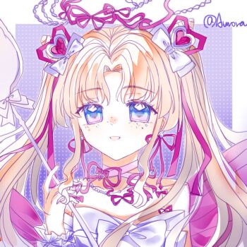 Rule 34 | 1girl, arm warmers, armlet, artist name, back bow, bare shoulders, bead necklace, beads, blonde hair, blue eyes, border, bow, bowtie, choker, cone hair bun, double bun, dreamtime bestowed (infinity nikki), dress, eyelashes, frilled arm warmers, frills, gem, gem hair ornament, gradient eyes, grey bow, hair bow, hair bun, hair ribbon, halftone, halftone background, halo, happy, heart-shaped gem, holding, holding spoon, infinity nikki, jewelry, jintiannihezhoulema99294, large bow, long hair, long sidelocks, multicolored eyes, neck ribbon, necklace, nikki (series), open mouth, outline, outside border, oversized object, parted bangs, pink bow, pink choker, pink gem, pink ribbon, purple background, purple eyes, ribbon, ribbon earrings, sidelocks, sleeveless, sleeveless dress, smile, solo, spaghetti strap, spoon, sprinkles, twintails, two-tone eyes, upper body, very long hair, white arm warmers, white border, white bow, white bowtie, white dress, white outline, wrist bow