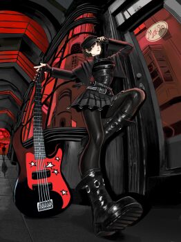 1girl absurdres bass_guitar belt belt_buckle black_boots black_gloves black_hat black_jacket black_nails black_pantyhose black_skirt boots brown_hair buckle building chaosoded character_name closed_mouth fingerless_gloves from_behind full_body gloves hat hat_tip highres instrument jacket looking_at_viewer miniskirt niijima_makoto pantyhose persona persona_5 pleated_skirt red_eyes shiny_clothes short_hair skirt solo standing standing_on_one_leg