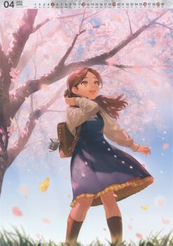 1girl absurdres april backpack bag black_dress brown_eyes brown_hair calendar_(medium) cherry_blossoms collared_shirt dark-skinned_female dark_skin dress dress_shirt elephant feet_out_of_frame hair_bun highres incredibly_absurdres kantai_collection looking_up official_art pinafore_dress shirt sleeveless sleeveless_dress smile solo sumino_(c2_kikan) thonburi_(kancolle) tree white_shirt wind