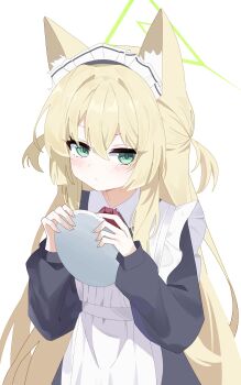 1girl absurdres alternate_costume animal_ear_fluff animal_ears apron black_dress blonde_hair blue_archive blush commentary crossed_bangs dress enmaided fox_ears fox_girl frilled_apron frills green_eyes green_halo hair_between_eyes halo highres kurumi_(blue_archive) long_hair long_sleeves looking_at_viewer maid maid_apron maid_headdress simple_background solo triangle_halo two_side_up untranslatable_commentary very_long_hair white_apron white_background zizhucan
