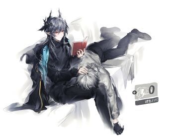 Rule 34 | 2boys, absurdres, arknights, black coat, black gloves, black hair, black pants, black shoes, black sweater, book, coat, couch, demon boy, demon horns, doctor (arknights), gloves, grey hair, hand on another's head, highres, holding, holding book, horns, jacket, lap pillow, logos (arknights), long hair, long sleeves, lying, male doctor (arknights), male focus, multiple boys, open book, pants, pointy ears, reading, red eyes, shirt, shoes, short hair, simple background, sitting, sweater, takano jiyuu, white background, white hair
