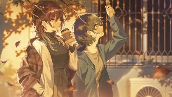 2girls aketa_mikoto blonde_hair branch building cup disposable_cup earrings game_cg green_eyes green_hair grey_eyes hand_in_pocket highres holding idolmaster idolmaster_shiny_colors idolmaster_shiny_colors_song_for_prism jewelry leaf multiple_girls nanakusa_nichika official_art open_mouth profile red_hair turtleneck