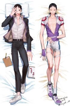 1boy bed_sheet bike_jersey bike_shorts biker_clothes biting_tongue black_eyes black_hair clothes_lift collarbone cycling_uniform dakimakura_(medium) doyak emaciated empty_eyes fingerless_gloves full_body gakuran gloves grin groin hand_on_own_stomach hand_over_eye knee_up long_tongue looking_at_viewer lying male_focus mechanical_pencil messy_hair midousuji_akira mullet multiple_views nipples nostrils notebook pale_skin partially_unbuttoned partially_unzipped pencil pillow raised_eyebrows sanpaku school_uniform shirt_lift shirt_tucked_in shoes short_bangs skinny smile sneakers tall tongue tongue_out unbuttoned unbuttoned_shirt untied_shoelaces white_shoes whiteboard wide-eyed yowamushi_pedal