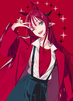 1girl ;d animal_ears black_pants blue_eyes coat collared_shirt cross-shaped_pupils hand_up highres hololive hololive_english horns horse_ears horse_girl irys_(hololive) lapels long_hair looking_at_viewer notched_lapels one_eye_closed open_mouth pako_(pakosun) pants pointy_ears purple_hair red_background red_coat red_shirt shirt shirt_tucked_in simple_background smile solo suspender_pants symbol-shaped_pupils unbuttoned undershirt v very_long_hair virtual_youtuber white_shirt