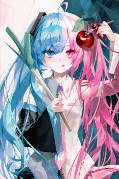 1girl absurdres ahoge arm_warmers asagi_jin black_arm_warmers black_skirt blue_hair blue_trim cherry_hair_ornament closed_mouth collared_shirt commentary dual_persona english_commentary floral_print food food-themed_hair_ornament fork fusion grey_shirt hair_ornament hatsune_miku highres holding holding_food holding_fork holding_spring_onion holding_vegetable licking_lips looking_at_viewer mismatched_arm_warmers multicolored_hair multicolored_nails necktie number_tattoo original pink_arm_warmers pink_hair pink_necktie pink_skirt pink_trim sakura_miku shirt sidelocks simple_background skirt smile solo split-color_clothes split-color_hair split_theme spring_onion tattoo tongue tongue_out twintails two-tone_background two-tone_nails two-tone_shirt vegetable vocaloid white_shirt