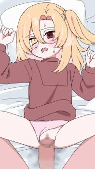 1boy 1girl animated bed_sheet bizan_zan blonde_hair blush brown_sweater censored clothing_aside glasses hair_between_eyes hetero highres loli long_hair long_sleeves lying missionary mosaic_censoring no_pants on_back on_bed one_side_up open_mouth original panties panties_aside penis pink_panties pov pussy red_eyes round_eyewear sex spread_legs sweater tagme underwear vaginal video