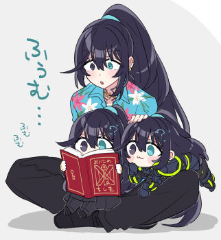 3boys :3 ? aqua_eyes black_coat black_eyes black_hair black_pants blue_shirt chibi chibi_inset coat commentary_request dieci_association_south_uniform hawaiian_shirt high_ponytail highres hong_lu_(project_moon) k_corp._(identity)_(project_moon) limbus_company long_hair multiple_boys multiple_persona pants ponytail project_moon shiki_(shikki46) shirt simple_background sparkle tingtang_gang_(identity)_(project_moon) very_long_hair white_background