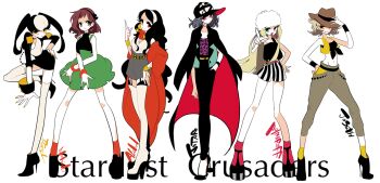 6+girls alternate_skin_color baseball_cap belt black_choker black_coat black_footwear black_hair black_hairband black_nails black_pants black_shirt black_sleeves blonde_hair boots bracelet breasts brown_pants character_name cherry_earrings choker cleavage clenched_hand clothes_writing coat coat_on_shoulders copyright_name cowboy_hat dress earrings food-themed_earrings food_themed_earrings front-tie_top full_body fur_hat garter_straps genderswap genderswap_(mtf) gold_bracelet gold_earrings green_dress green_eyes grey_shorts hairband hand_in_pocket hand_on_headwear hand_on_own_hip hat heart heart_earrings high_heels highres iggy_(jojo) index_finger_raised jean_pierre_polnareff jewelry jojo_no_kimyou_na_bouken joseph_joestar joseph_joestar_(old) kakyoin_noriaki kuujou_joutarou long_hair long_legs looking_at_viewer medium_breasts midriff mohammed_avdol multicolored_hair multiple_girls navel pants personification pink_belt pointing pointing_at_viewer purple_eyes red_eyes red_hair red_nails red_socks sameyama_jiro shirt short_hair shorts single-shoulder_shirt sleeveless sleeveless_turtleneck small_breasts smile socks stardust_crusaders stomach striped_clothes striped_shorts thigh_boots thighhighs turtleneck twintails two-tone_hair vertical-striped_clothes vertical-striped_shorts very_long_hair wavy_hair white_footwear white_hair white_hairband white_headwear white_shirt white_thighhighs wrist_cuffs yellow_belt yellow_nails yellow_socks