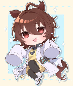 1girl absurdres agnes_tachyon_(tach-nology)_(umamusume) agnes_tachyon_(umamusume) ahoge animal_ears black_necktie black_pantyhose blue_background blush border brown_hair chibi chibi_only coat cork earrings hair_between_eyes highres horse_ears horse_girl horse_tail huge_ahoge jewelry kurumiya_(krmy_p) lab_coat long_sleeves looking_at_viewer medium_hair necktie open_mouth pantyhose red_eyes shirt shoes short_necktie single_earring sleeves_past_fingers sleeves_past_wrists smile solo sweater sweater_vest tail test_tube umamusume white_coat yellow_border yellow_sweater yellow_sweater_vest