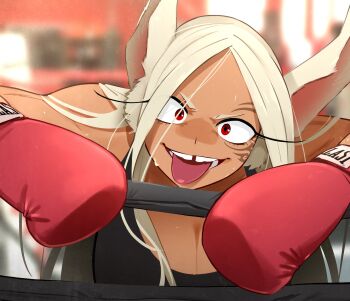 1girl animal_ears blurry blurry_background boku_no_hero_academia breasts cleavage commentary dark-skinned_female dark_skin english_commentary highres khyle. large_breasts long_hair looking_at_viewer mirko missing_tooth open_mouth rabbit_ears rabbit_girl red_eyes solo teeth tongue tongue_out upper_teeth_only white_hair