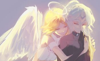 2girls angel_wings black_shirt blonde_hair closed_eyes commentary_request feathered_wings hair_between_eyes halo hatsune_miku kagamine_rin laari_000 multiple_girls own_hands_clasped own_hands_together ponytail see-through_clothes see-through_sleeves shirt short_hair sleeveless sleeveless_shirt traditional_halo vocaloid white_hair white_shirt wings yuri