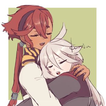 2girls artist_name asticassia_school_uniform black_hairband border closed_eyes commentary_request green_background green_jacket grey_hair gundam gundam_suisei_no_majo hairband highres jacket kokedama12 long_hair miorine_rembran multiple_girls open_mouth ponytail red_hair school_uniform simple_background suletta_mercury white_border white_jacket yuri