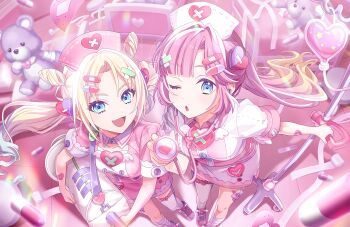 2girls :3 anyoji_hime bandaged_leg bandages bandaid bandaid_hair_ornament blonde_hair blue_eyes blue_hair box breasts closed_mouth collarbone collared_shirt crossed_bandaids detached_collar fang first_aid_kit full_body game_cg gradient_hair hair_ornament hat heart heart_hair_ornament highres holding holding_stethoscope in_box in_container intravenous_drip large_syringe link!_like!_love_live! looking_at_viewer love_live! medium_breasts miniskirt mira-cra_park! multicolored_hair multiple_girls non-web_source nurse nurse_cap official_alternate_costume official_art open_box osawa_rurino oversized_object pill_hair_ornament pink_hair pink_hat pink_shirt pink_skirt pink_theme scissors shirt short_sleeves single_thighhigh skirt stethoscope stuffed_animal stuffed_toy syringe teddy_bear thighhighs twintails virtual_youtuber vital_sign_(love_live!) white_hat