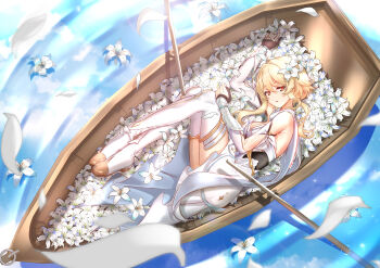 1girl absurdres armpits bare_shoulders black_gloves blonde_hair boat boots bridal_gauntlets cloud cloudy_sky crossed_legs detached_sleeves dress fetal_position fingerless_gloves flower from_above full_body genshin_impact gloves gold_trim hair_flower hair_ornament highres lazy_yuanying legs_together lily_(flower) looking_at_viewer lumine_(genshin_impact) lying oar on_side orange_eyes parted_lips petals reflection ripples rowboat short_hair short_hair_with_long_locks sidelocks single_detached_sleeve sky sleeveless sleeveless_dress solo vambraces water watercraft white_dress white_flower white_legwear