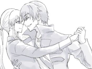 1boy 1other androgynous coat commentary dancing eye_contact formal_clothes greyscale hand_on_another&#039;s_back holding_hands looking_at_another low_ponytail monochrome noses_touching other_with_male p_mon_00 ponytail suit twitter_username umineko_no_naku_koro_ni ushiromiya_lion willard_h._wright