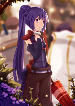 Rule 34 | 10s, 1girl, akatsuki (log horizon), blurry, closed umbrella, depth of field, detached sleeves, female focus, flower, log horizon, long hair, mmrailgun, naotsugu (log horizon), ninjatou, ponytail, purple eyes, purple hair, shiroe (log horizon), short sword, solo, sword, umbrella, weapon