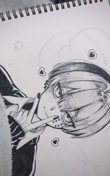 Rule 34 | 1boy, absurdres, amptakxcolors, bags under eyes, cheek piercing, closed mouth, earrings, face piercing, greyscale, hair between eyes, hair intakes, heart, highres, hoop earrings, jewelry, looking at viewer, male focus, monochrome, nail polish, parallel piercings, piercing, sanpaku, short hair, sleeves past wrists, smile, solo, tigusakun (amptakxcolors), traditional media, v, v over mouth, wing collar, yyy9675