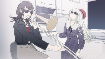 2girls absurdres bandeau bang_dream! bang_dream!_it&#039;s_mygo!!!!! belt beret black_belt black_choker black_hair black_jacket choker covered_eyes cupboard derivative_work dress facing_up fingernails flipped_hair frilled_choker frilled_shirt_collar frills green_hair grey_choker grey_dress grey_skirt hat highres holding holding_instrument holding_trombone indoors instrument jacket jewelry kitchen long_dress long_hair long_sleeves medium_hair meme midriff_peek miniskirt mortis_(bang_dream!) mortis_(persona)_(bang_dream!) multiple_girls music necklace no_mouth on_stool open_clothes open_jacket oven pencil_skirt plaid_belt plaid_clothes plaid_dress playing_instrument puritan_collar red_bandeau red_hat reiboubyou sink sitting skirt sleeve_cuffs stool straight_hair sunglasses trombone two-handed unmoving_pattern unworn_hat unworn_headwear wakaba_mutsumi watermark weibo_watermark when_mama_isn&#039;t_home_(meme) yahata_umiri