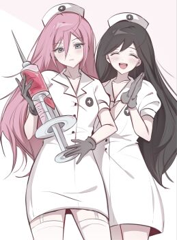 2girls alternate_costume aubrey_(faraway)_(omori) aubrey_(omori) black_gloves black_hair blue_eyes blush closed_eyes closed_mouth collarbone garter_straps gloves grey_background hat highres holding holding_syringe long_hair looking_at_viewer mari_(faraway)_(omori) mari_(omori) multiple_girls nurse nurse_cap omori open_mouth oversized_object own_hands_together pink_hair rubber_gloves short_sleeves simple_background smile syringe teeth thighhighs tongue upper_teeth_only white_thighhighs wktdms1