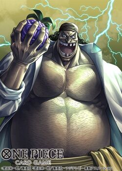 1boy bandana beard black_hair chest_hair collared_shirt commentary_request copyright_name devil_fruit_power evil_smile facial_hair food holding holding_food kagelow long_hair looking_at_viewer male_focus marshall_d._teach missing_tooth official_art one_piece one_piece_card_game open_clothes open_mouth open_shirt sash shirt smile solo thunder white_shirt yellow_sash