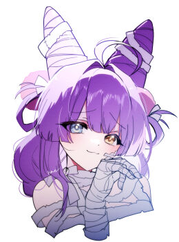 1girl ahoge bandages blue_eyes blush bright_pupils closed_mouth commentary_request cone_hair_bun cropped_shoulders double-parted_bangs double_bun hair_bun hair_intakes hair_ornament hair_rings hand_up heterochromia highres korean_commentary long_hair looking_at_viewer n_ae pom_pom_(clothes) pom_pom_hair_ornament purple_hair raised_inner_eyebrows simple_background smile solo stellive tenko_shibuki virtual_youtuber white_background white_pupils yellow_eyes yellow_pupils