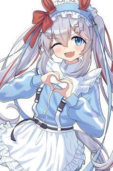 1girl animal_ears apron blue_eyes blue_hairband blue_jacket blush ear_covers fang frilled_apron frills grey_hair grey_tail hair_between_eyes hair_ornament hairband headband headdress heart heart_hands highres horse_ears horse_girl horse_tail jacket jersey_maid lightning_bolt lightning_bolt_hair_ornament lightning_bolt_symbol long_hair long_sleeves looking_at_viewer maid maid_apron maid_headdress multicolored_hair one_eye_closed open_mouth red_hair simple_background smile solo streaked_hair tail tamamo_cross_(umamusume) track_jacket twintails umamusume umamusume:_cinderella_gray unconventional_maid user_njyp2785 very_long_hair waist_apron white_apron white_background